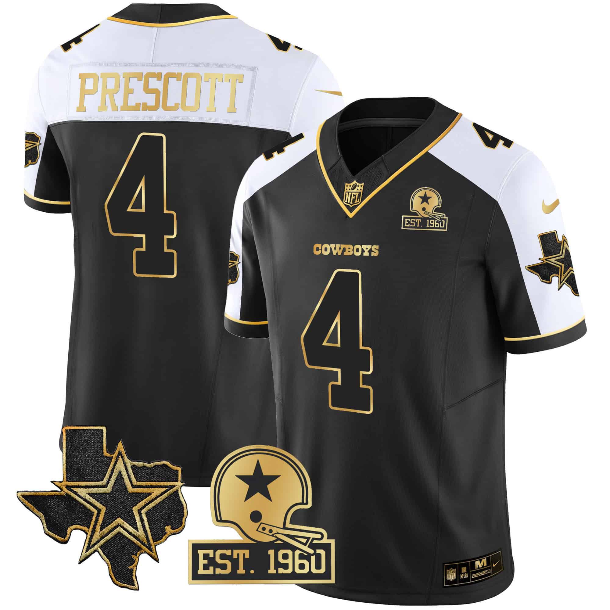 Men Dallas Cowboys 4 Prescott Black Gold 2024 Nike Patch Vapor NFL Jersey